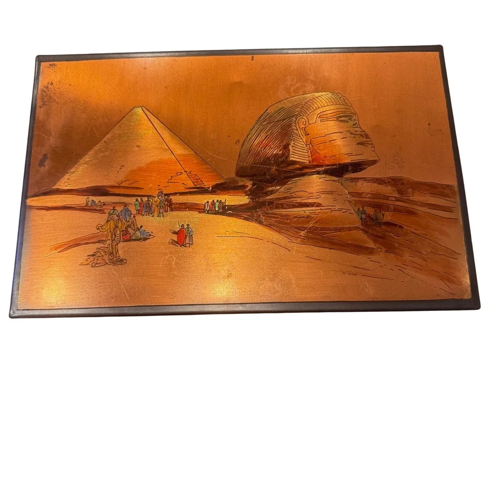 Vintage Egyptian Pyramid Sphinx Copper Color Art Etched Metal scratched Patinaed
